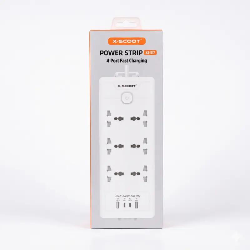 مشترك كهرباء إكس سكوت العملاق X-SCOOT XS-517 بقوة 2500W | شحن سريع 20W PD، عدد 6 عيون كهرباء، و4 منافذ شحن مدمجة كابل 2 متر