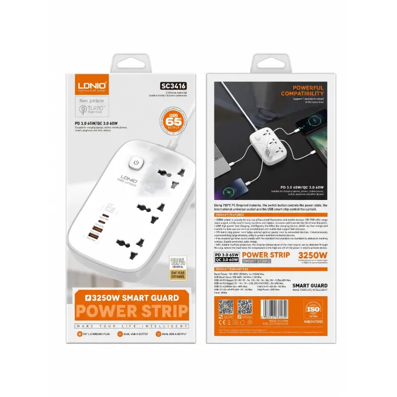 مشترك لدنيو الذكي الفاخر LDNIO SC3416 بقوة 3250W | شاحن لابتوب وموبايل تيربو 65W PD3.0، عدد 3 عيون عامة وكابل 2 متر