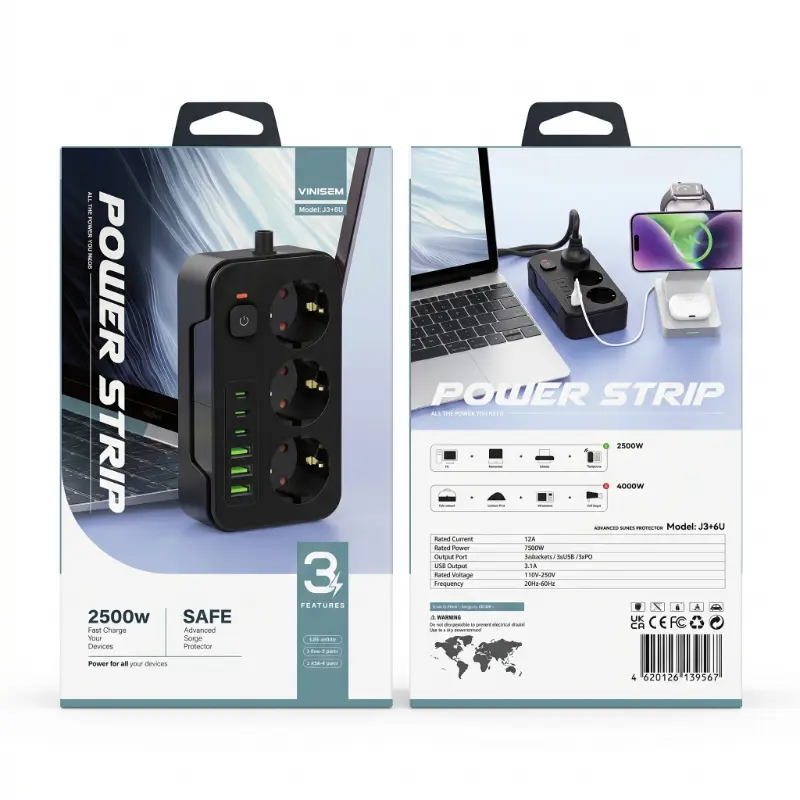 مشترك كهرباء فينيسيم الذكي VINISEM J3+6U بقوة 2500W | حماية ضد التذبذب، 3 عيون عامة، و6 منافذ شحن مدمجة (3 تايب سي + 3 USB)