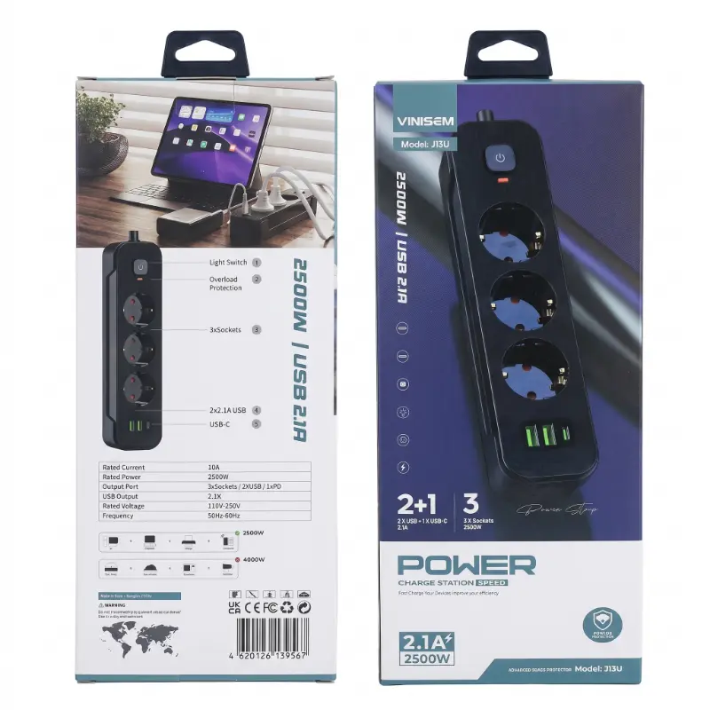 مشترك كهرباء فينيسيم الذكي VINISEM J13U بقوة 2500W | حماية ضد الحمل الزائد، 3 عيون عامة، و3 منافذ شحن مدمجة (تشمل تايب سي)