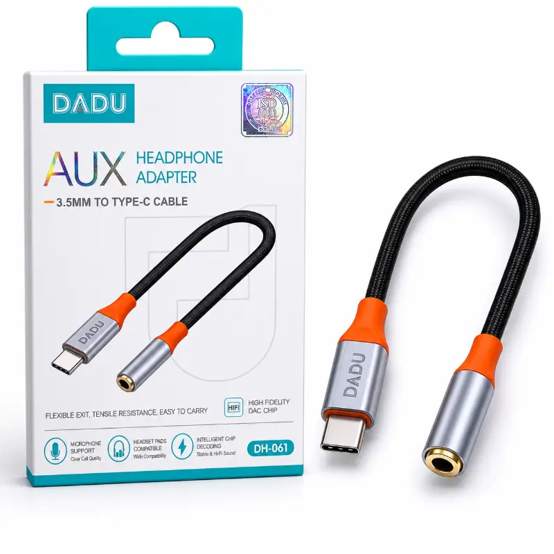 وصلة تحويل دادو الأصلية DADU DH-061 من تايب سي إلى AUX 3.5mm | شريحة DAC ذكية للصوت النقي، تدعم المايك، وقماش مضفر عالي المقاومة